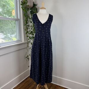 Vintage Y2K Floral 100% Cotton Maxi Dress | Button Front Navy Sleeveless, Large